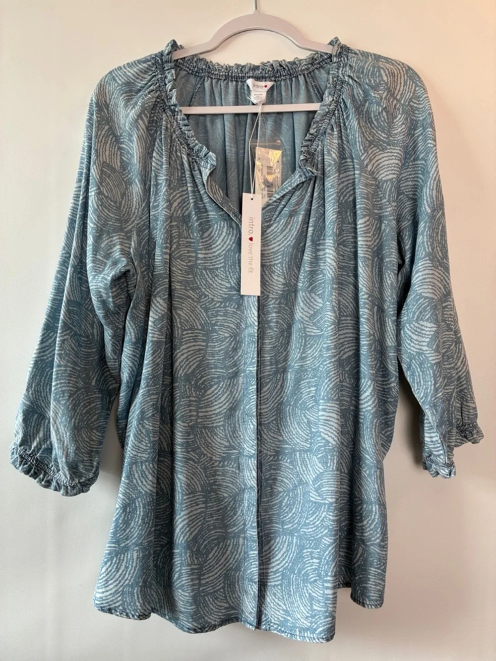 Intro Button Down Blouse in Light Blue & White, Relaxed Fit, 3/4 Sleeve - 1X - Picture 1 of 10